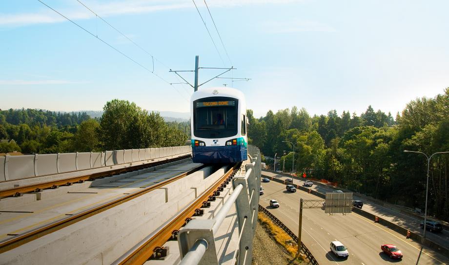Train on elevated guideway