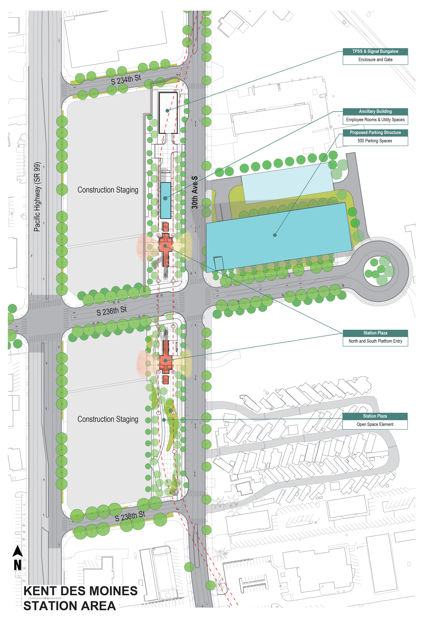 Kent Des Moines site plan showing station, parking garage, and construction area.